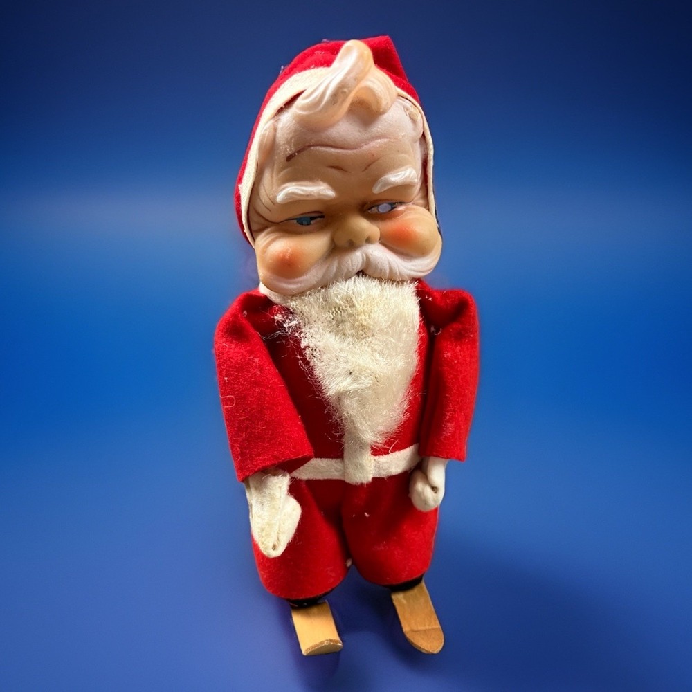 Vintage SANTA CLAUS on SKIS ~ Wind Up ~ Vintage Toy Rubber Face RARE  (read)